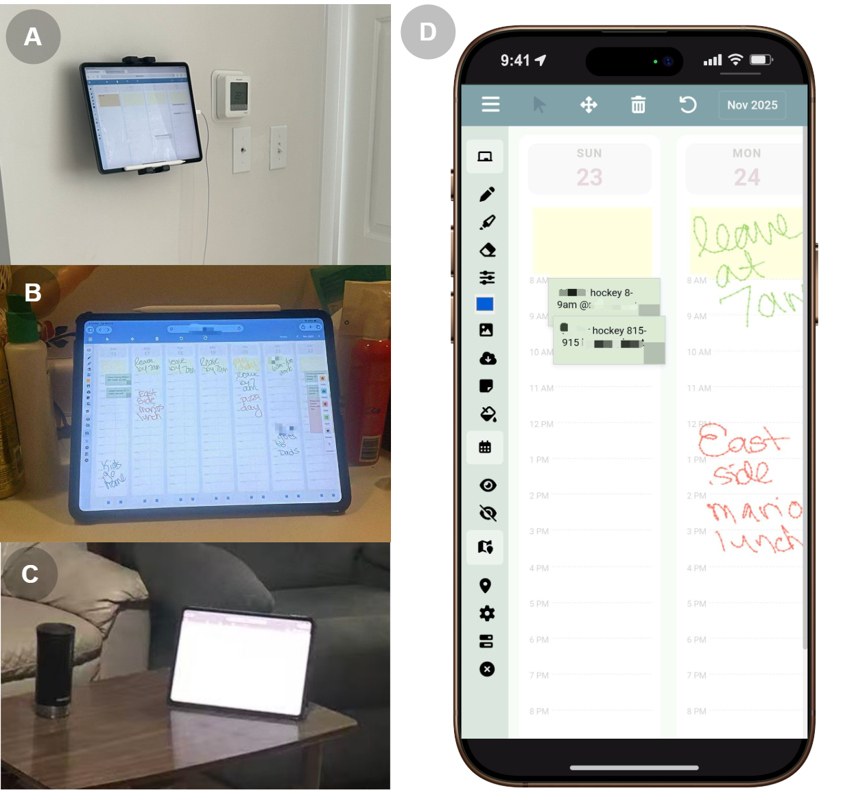 FamilyCanvas deployed on a wall, washroom counter, coffee table, and accessed by phone
