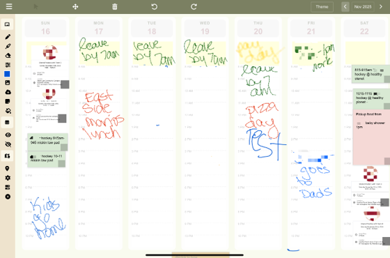 FamilyCanvas whiteboard interface with handwriting, notes, photos, and calendar events