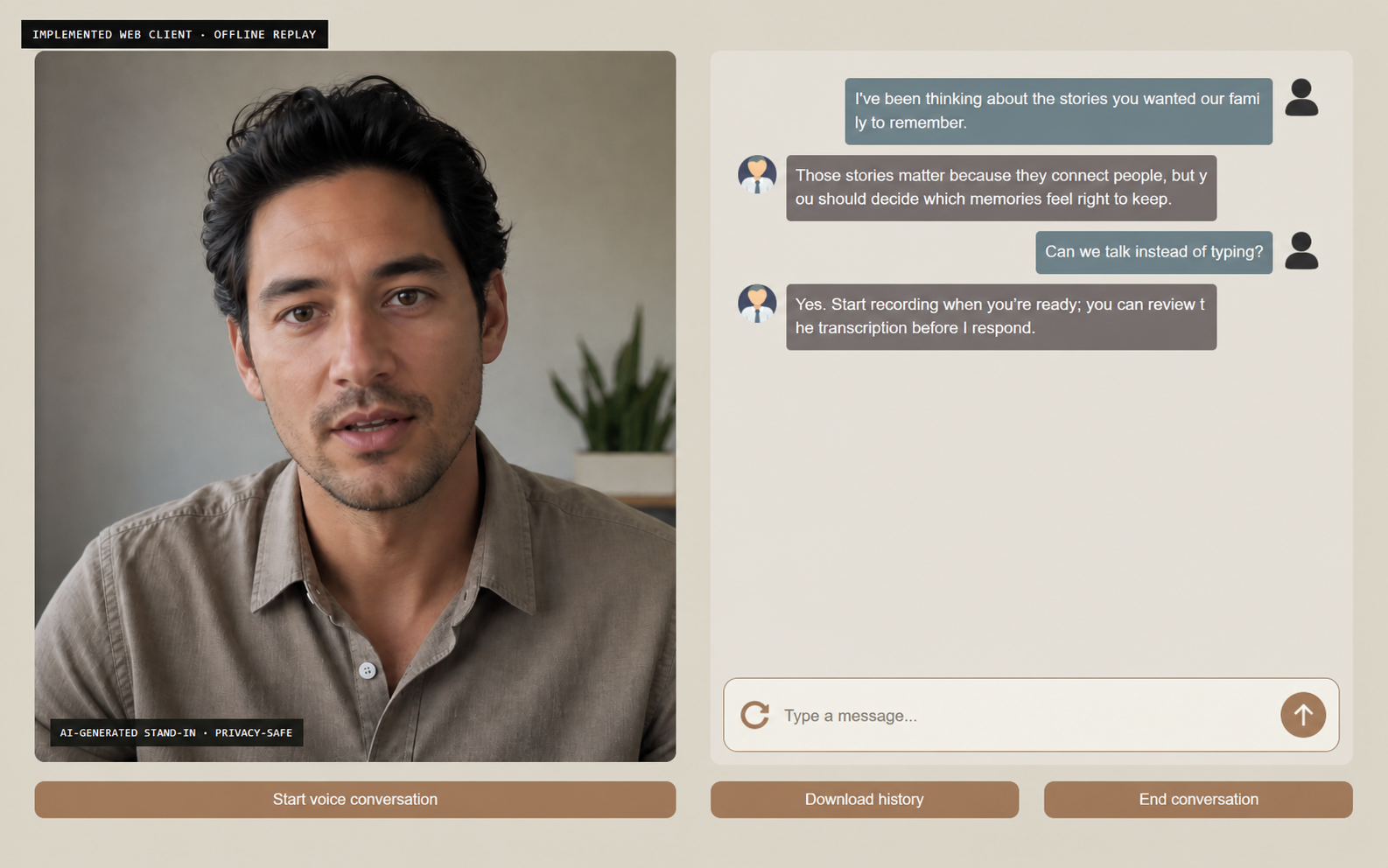 Implemented digital-human browser client with an AI-generated privacy-safe video stand-in and English conversation controls