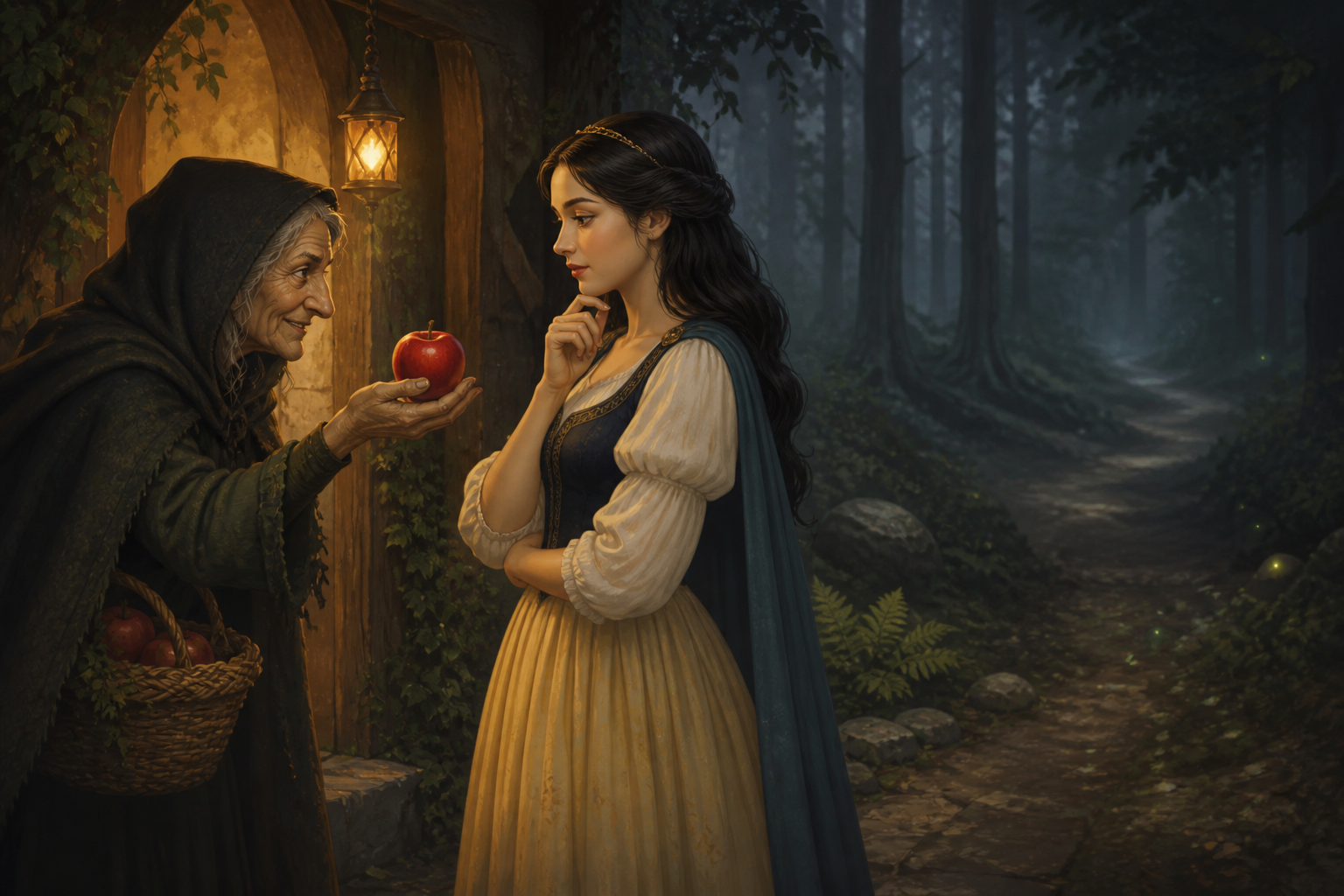 A fairy-tale princess pauses before accepting an apple from a mysterious stranger
